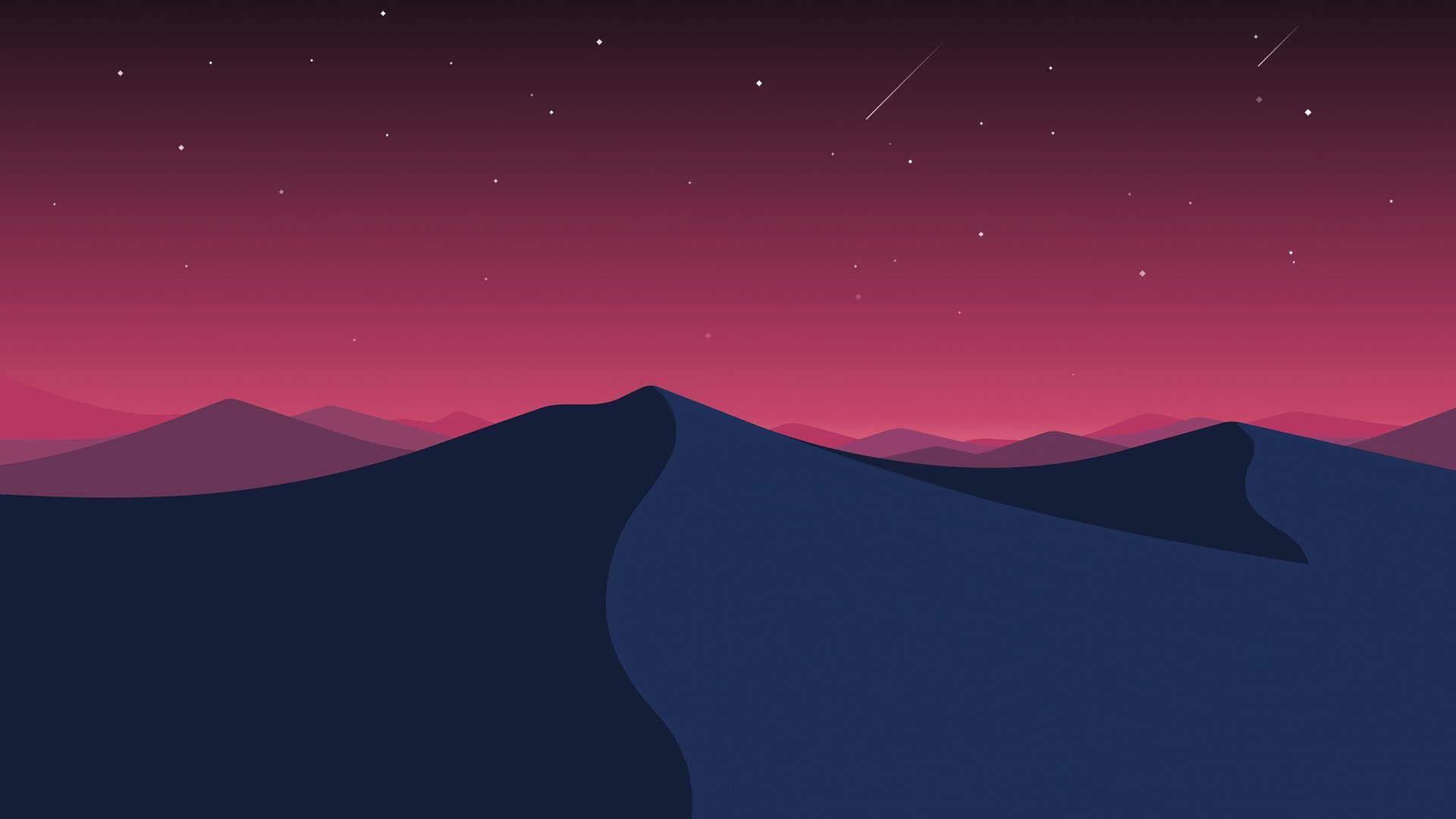 Minimalist artistic desert landscape at dusk with deep blue dunes under a starry pink sky, designed as an HD PC desktop wallpaper and background.