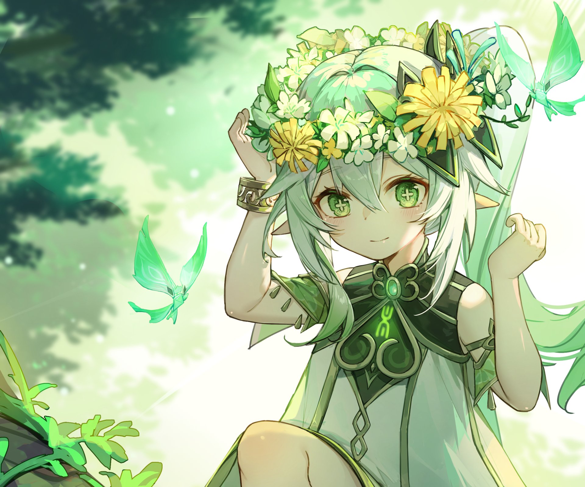 Nahida from Genshin Impact in a leafy floral outfit, smiling amid glowing green butterflies and dappled forest light — 2K Quad HD PC desktop wallpaper.