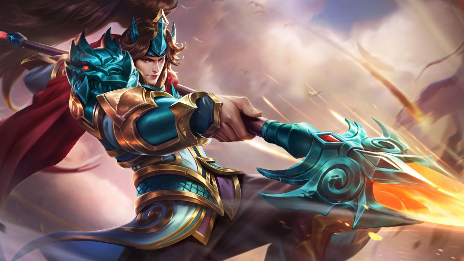 Mobile Legends: Bang Bang warrior in gold-and-teal armor hurling a flaming spear across a stormy sky — 2K Quad HD PC desktop wallpaper/background.