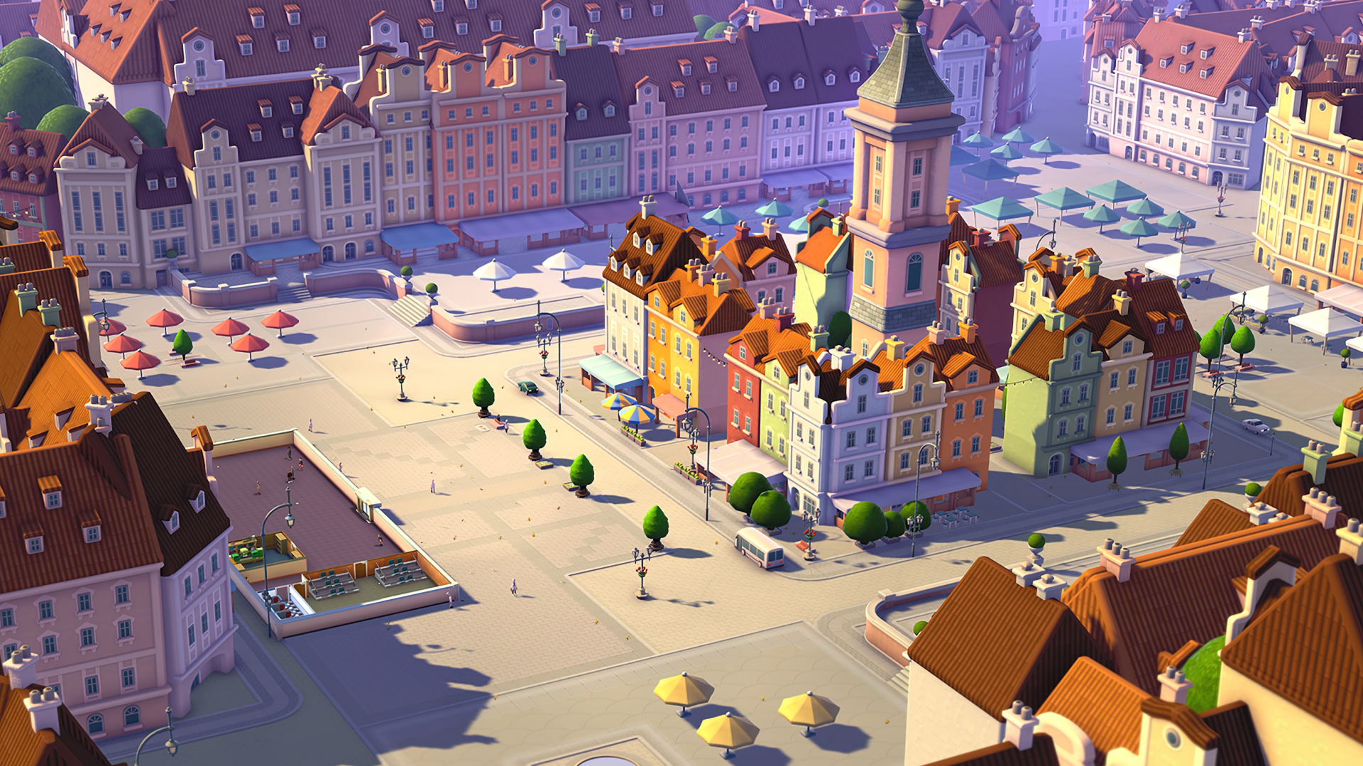 High-definition desktop wallpaper of Two Point Campus game featuring a vibrant animated university town with colorful buildings and a central square.