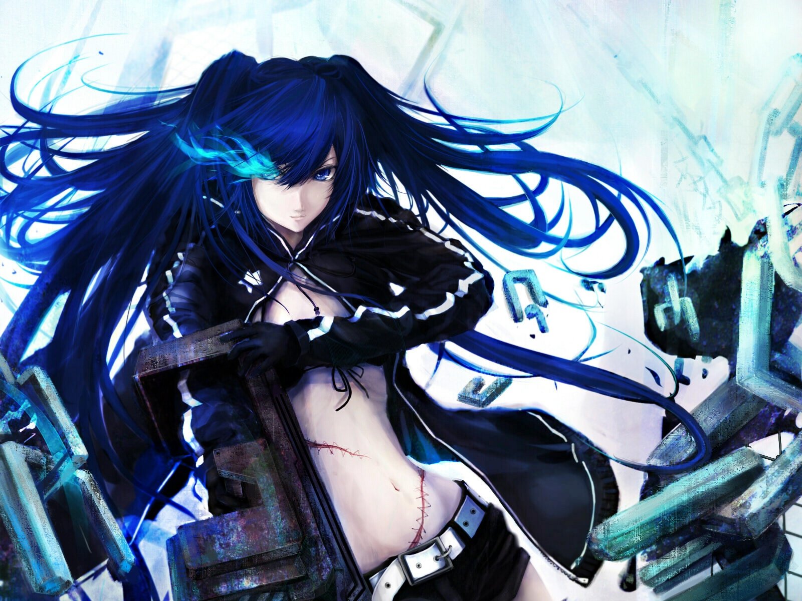 A dynamic HD desktop wallpaper featuring Black Rock Shooter, showcasing a fierce character with long blue hair and striking attire, set against an intense background.