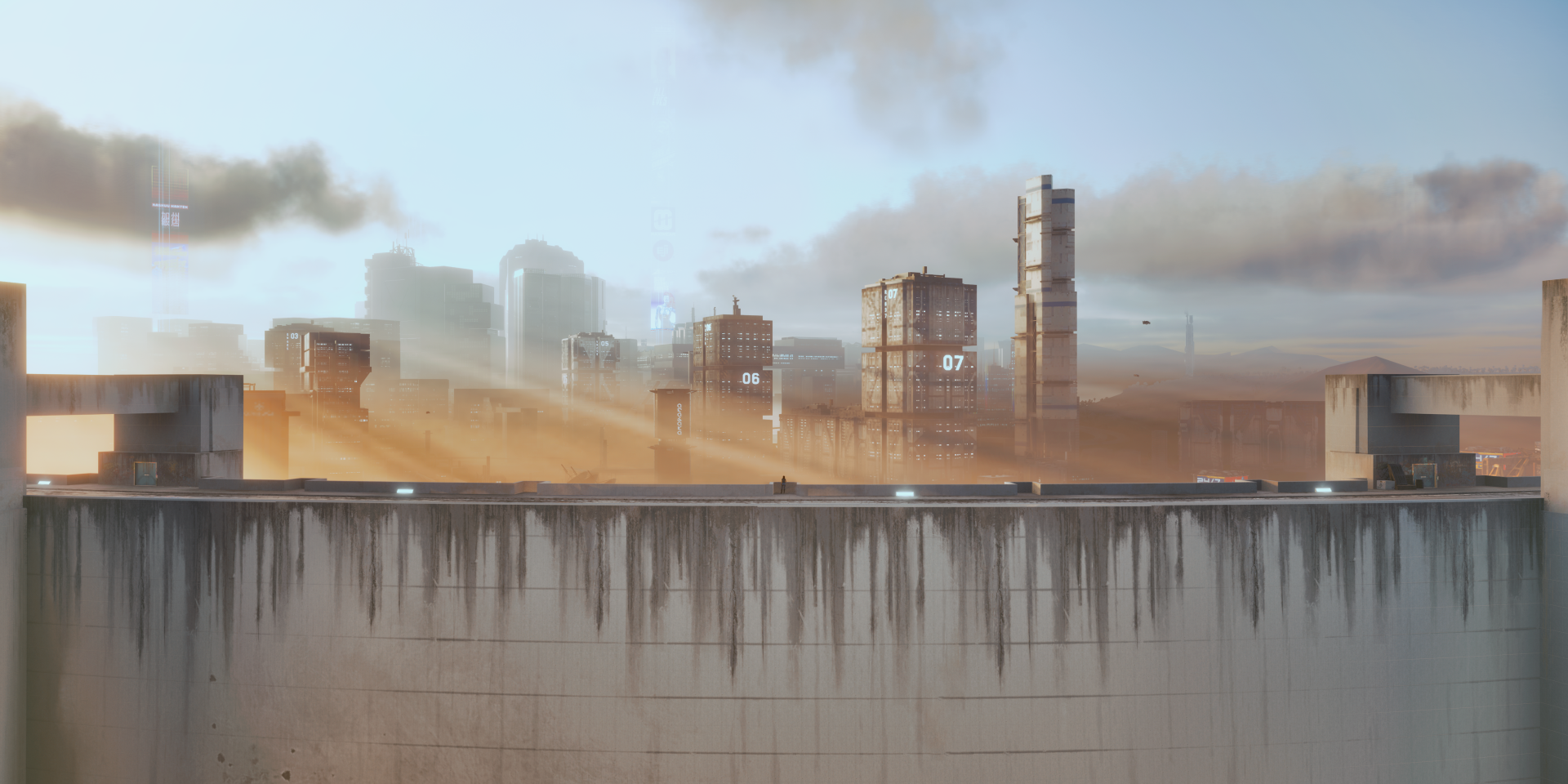 Cyberpunk 2077 video game 5K Ultra HD PC desktop wallpaper: sunlit industrial skyline with silos and hazy distant city rising above a concrete foreground wall.