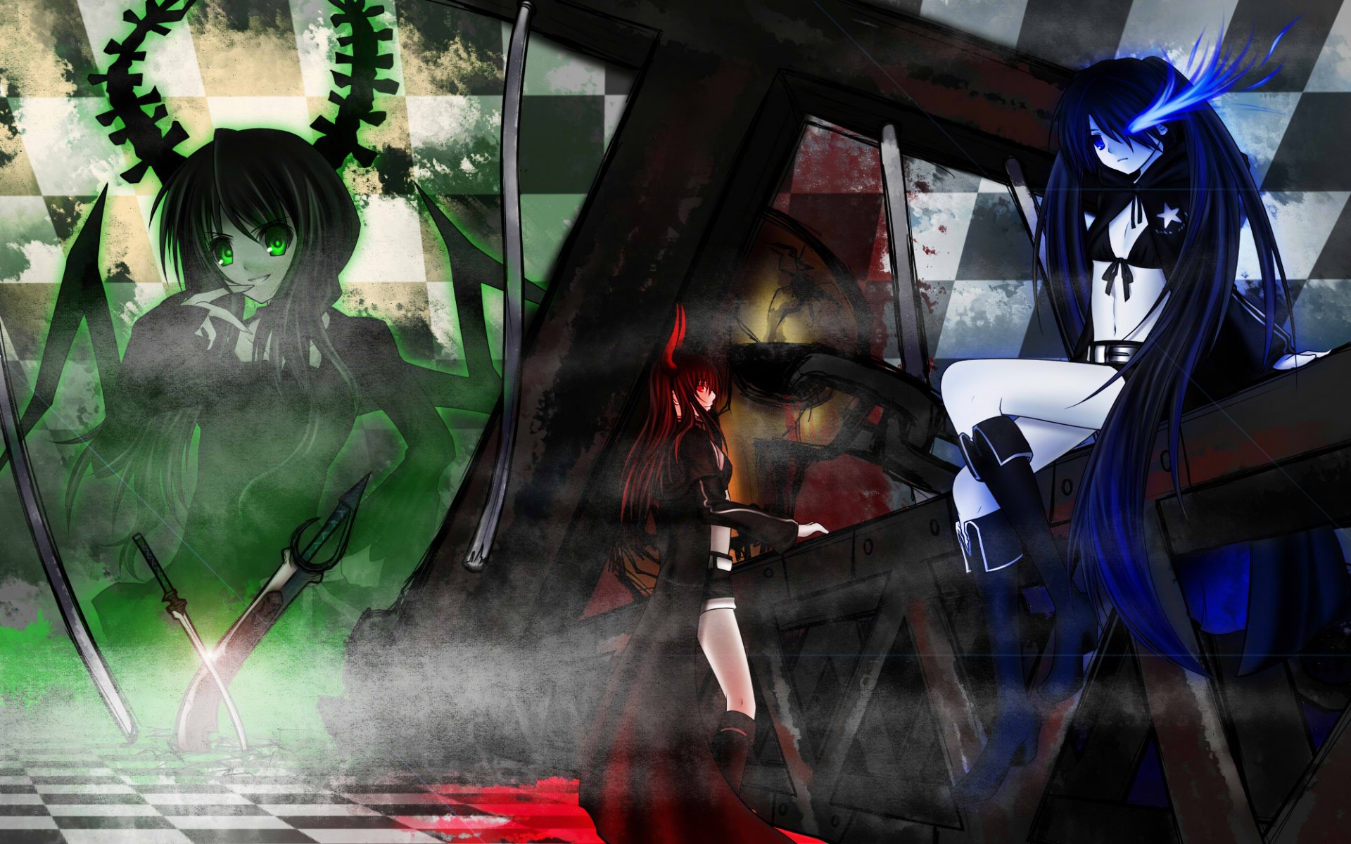 HD PC desktop wallpaper of the Black Rock Shooter anime: Black Gold Saw and Dead Master confront a blue‑eyed Black Rock Shooter perched on scorched wreckage amid smoke and red reflections.