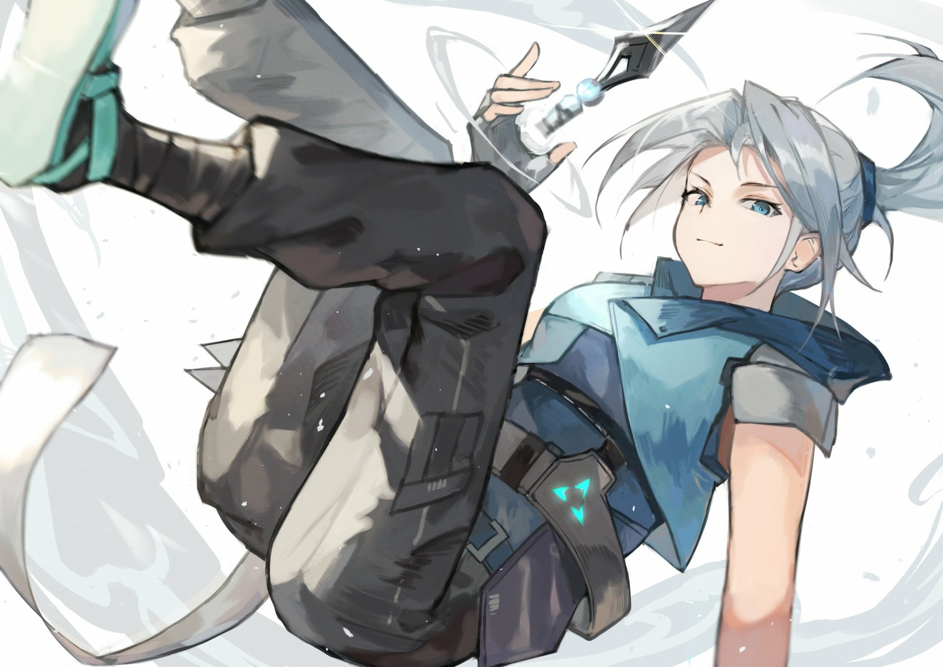 4K Ultra HD PC wallpaper featuring Jett, a character from the video game Valorant, in dynamic pose with her signature outfit and wind-themed abilities.