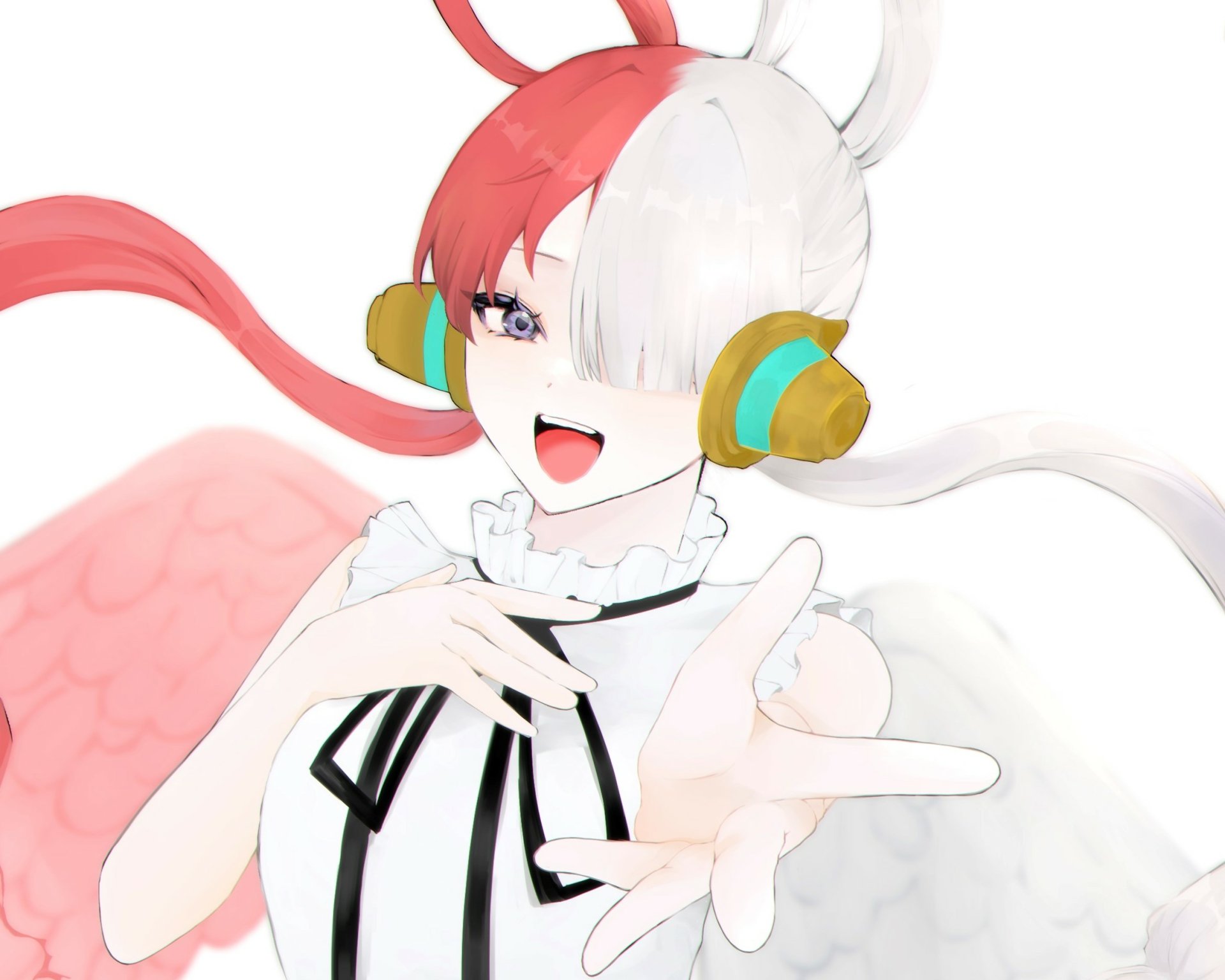 HD PC desktop wallpaper/background of Uta (One Piece), anime-style: close-up portrait with split red-and-white hair, teal headphones, angelic wings and playful smile toward viewer.