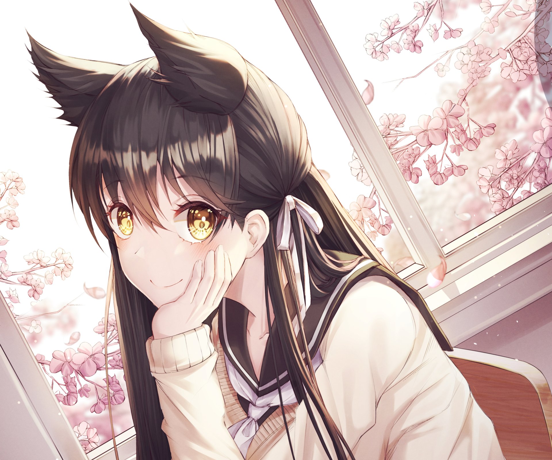HD anime desktop wallpaper featuring Atago from Azur Lane, depicted with golden eyes and fox ears against a bright background with cherry blossoms outside the window.