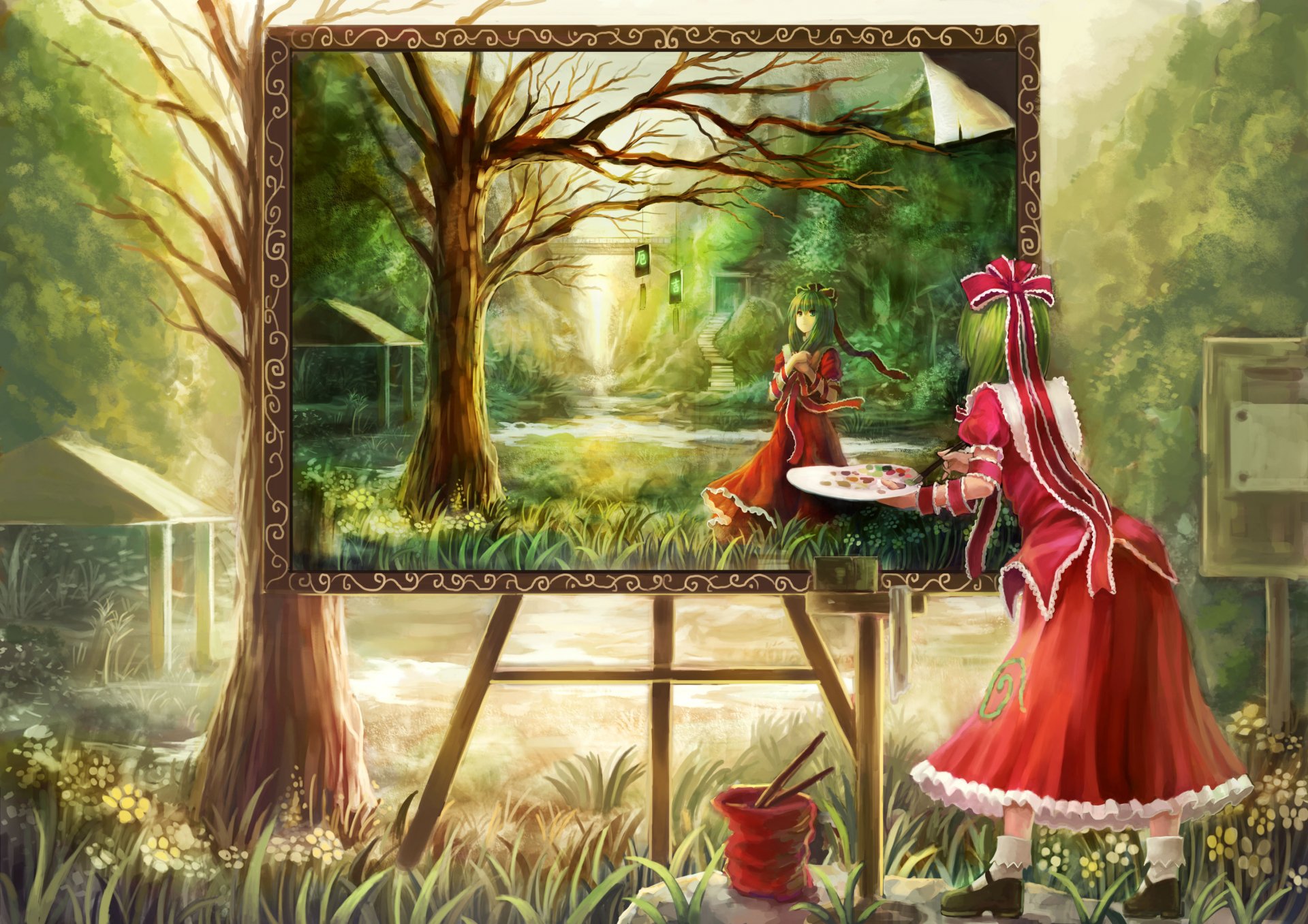 Hina Kagiyama from Touhou paints a vibrant landscape on an easel, surrounded by lush greenery and a serene atmosphere, creating a captivating anime-inspired HD wallpaper.