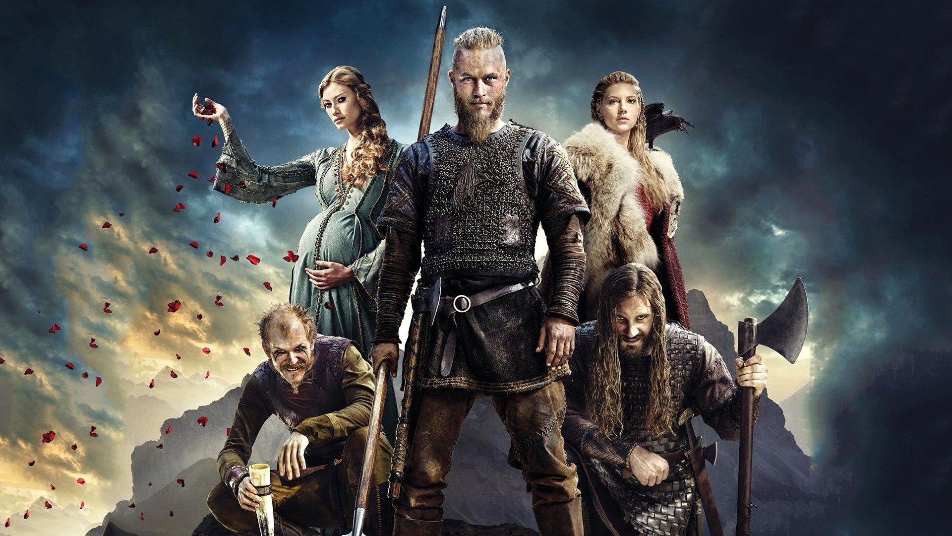 HD desktop wallpaper featuring key characters from the TV show Vikings (2013) standing in a dramatic, stormy setting with medieval weapons and attire.