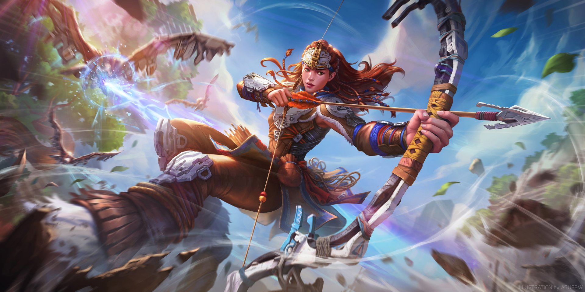 HD PC desktop wallpaper featuring Aloy from the Horizon series, showcasing dynamic action and detailed art from the video game Horizon Forbidden West.