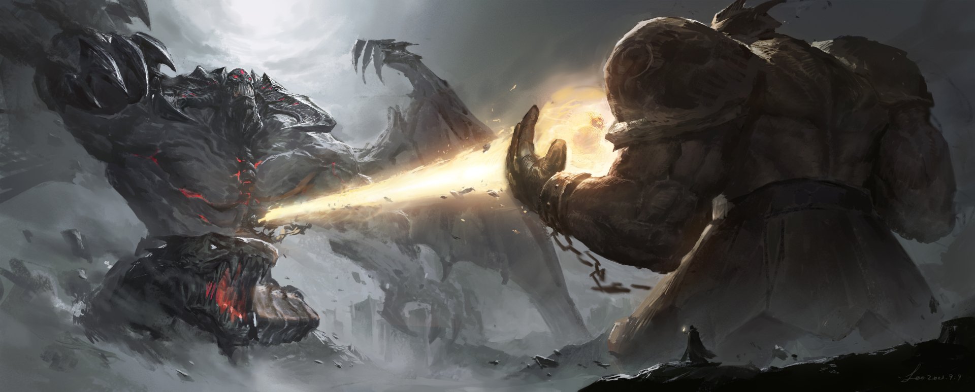 Anime Yu-Gi-Oh! HD PC desktop wallpaper: two colossal duel monsters clash on a stormy battlefield, one unleashing a blazing beam as smoke, debris and shadowy figures swirl around them.