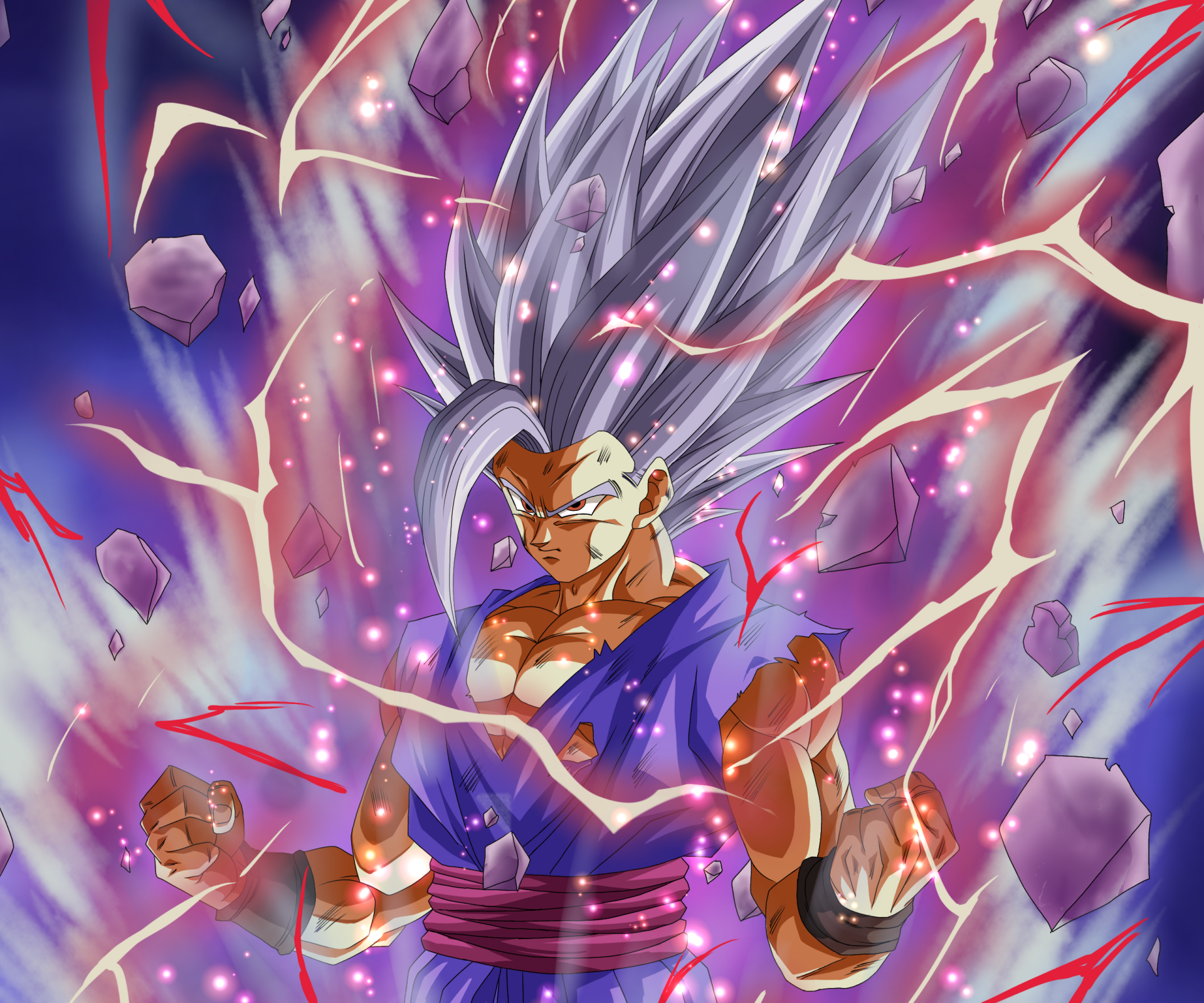 HD PC wallpaper featuring Gohan Beast from Dragon Ball Super: Super Hero, showcasing anime-style intense energy and dynamic lightning effects.