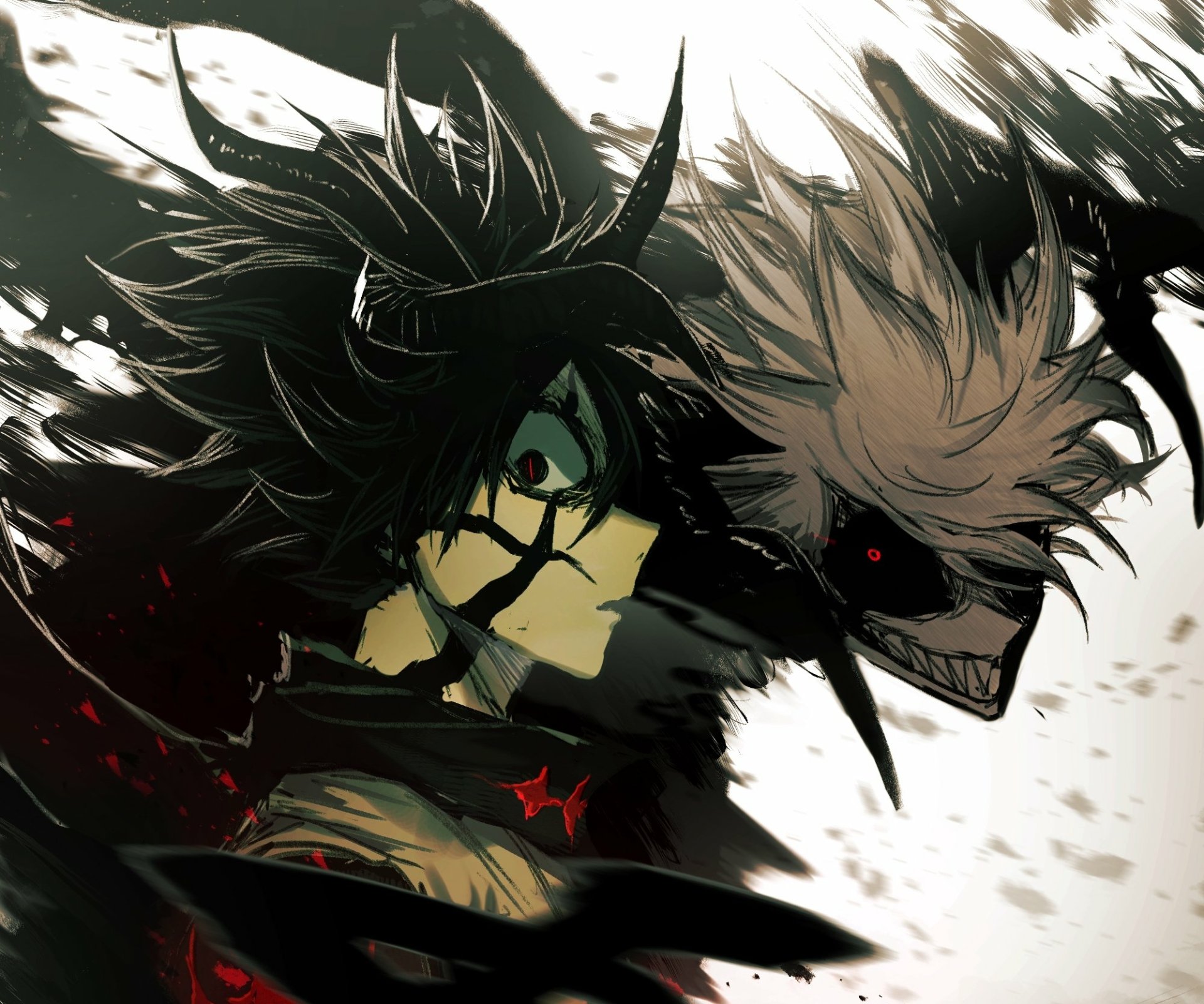 HD PC wallpaper featuring dynamic anime artwork of Asta from Black Clover in intense, dark-themed style with sharp contrasts and red highlights.
