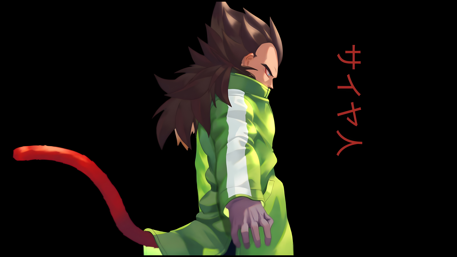 8K Ultra HD anime desktop wallpaper featuring Vegeta from Dragon Ball with his iconic hairstyle and tail, set against a black background with red Japanese text.