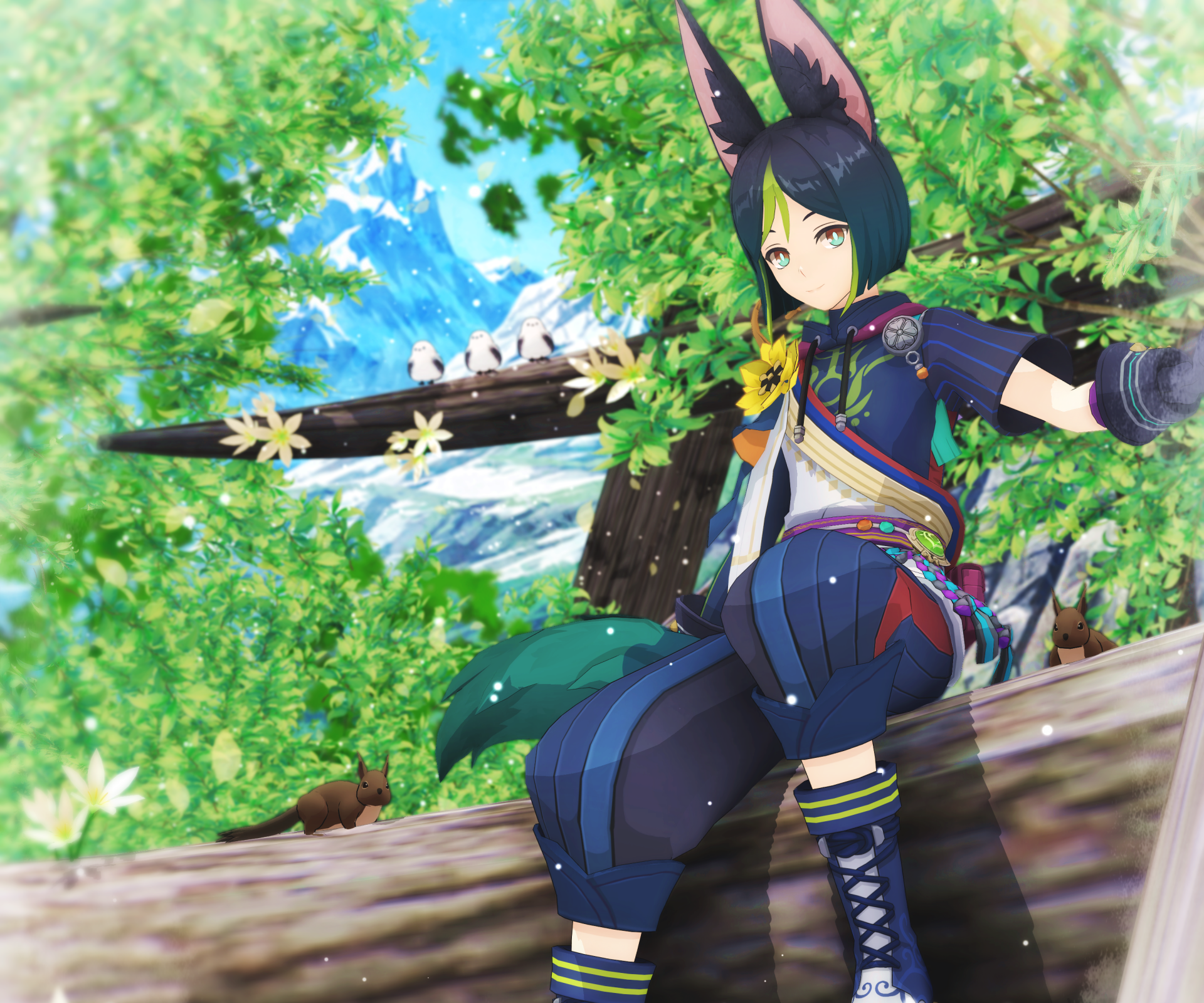 HD PC desktop wallpaper featuring Tighnari from the video game Genshin Impact, set against a vibrant forest background with detailed character design.