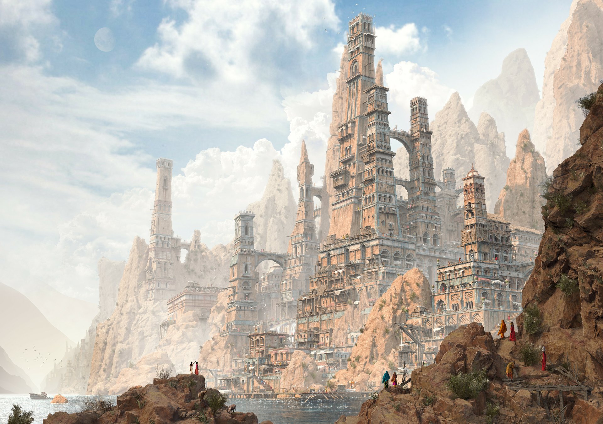 4K Ultra HD fantasy cityscape with towering ancient structures built into rocky cliffs, set against a misty mountainous background.