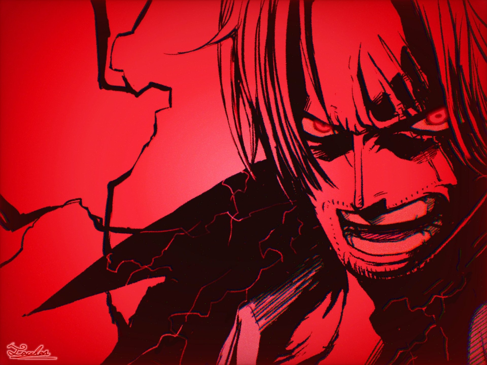 HD anime wallpaper featuring Shanks from One Piece with an intense expression against a vivid red background.