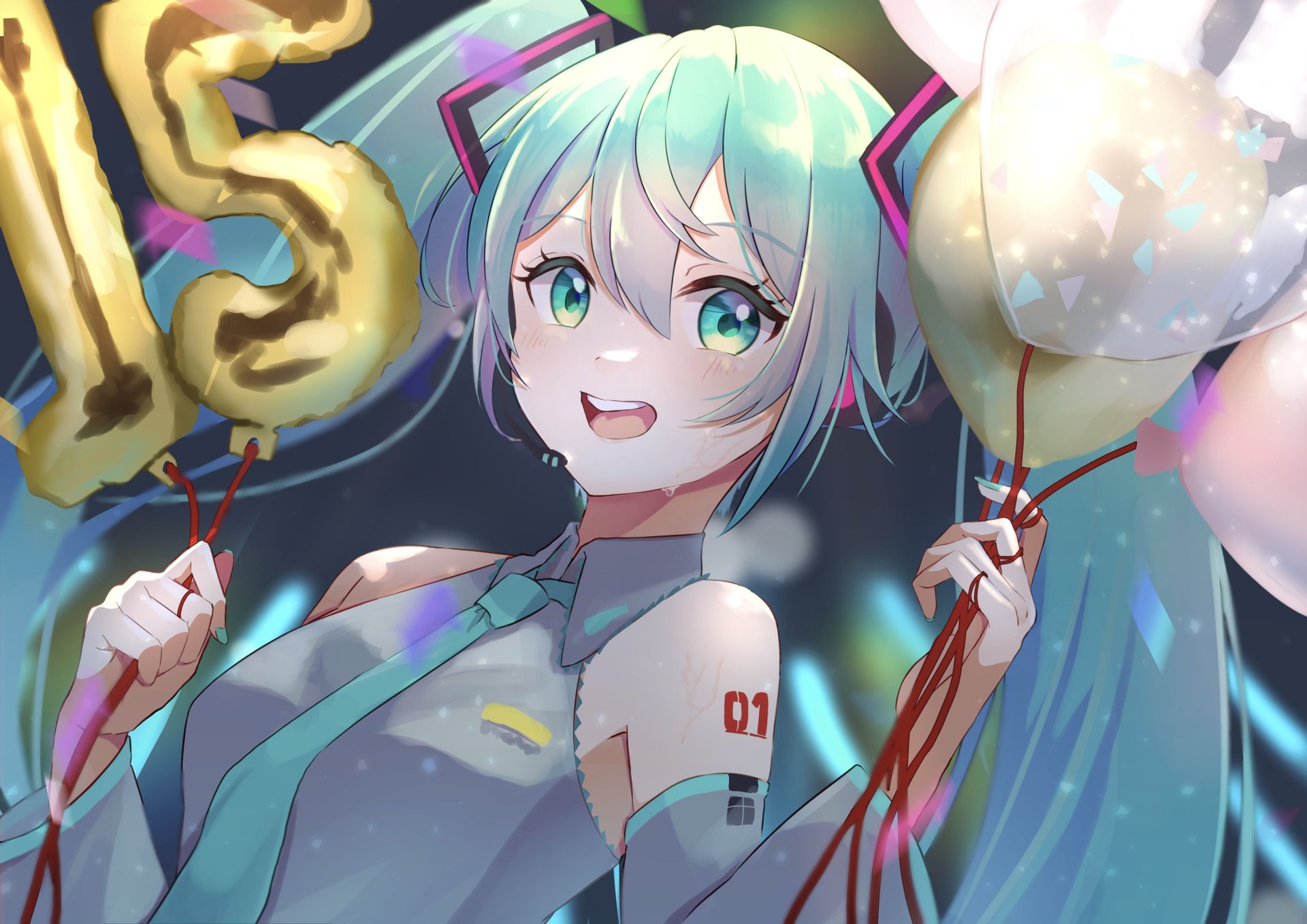 4K Ultra HD PC desktop wallpaper featuring Hatsune Miku from the Vocaloid anime series, depicted with vibrant colors and celebrating with balloons.