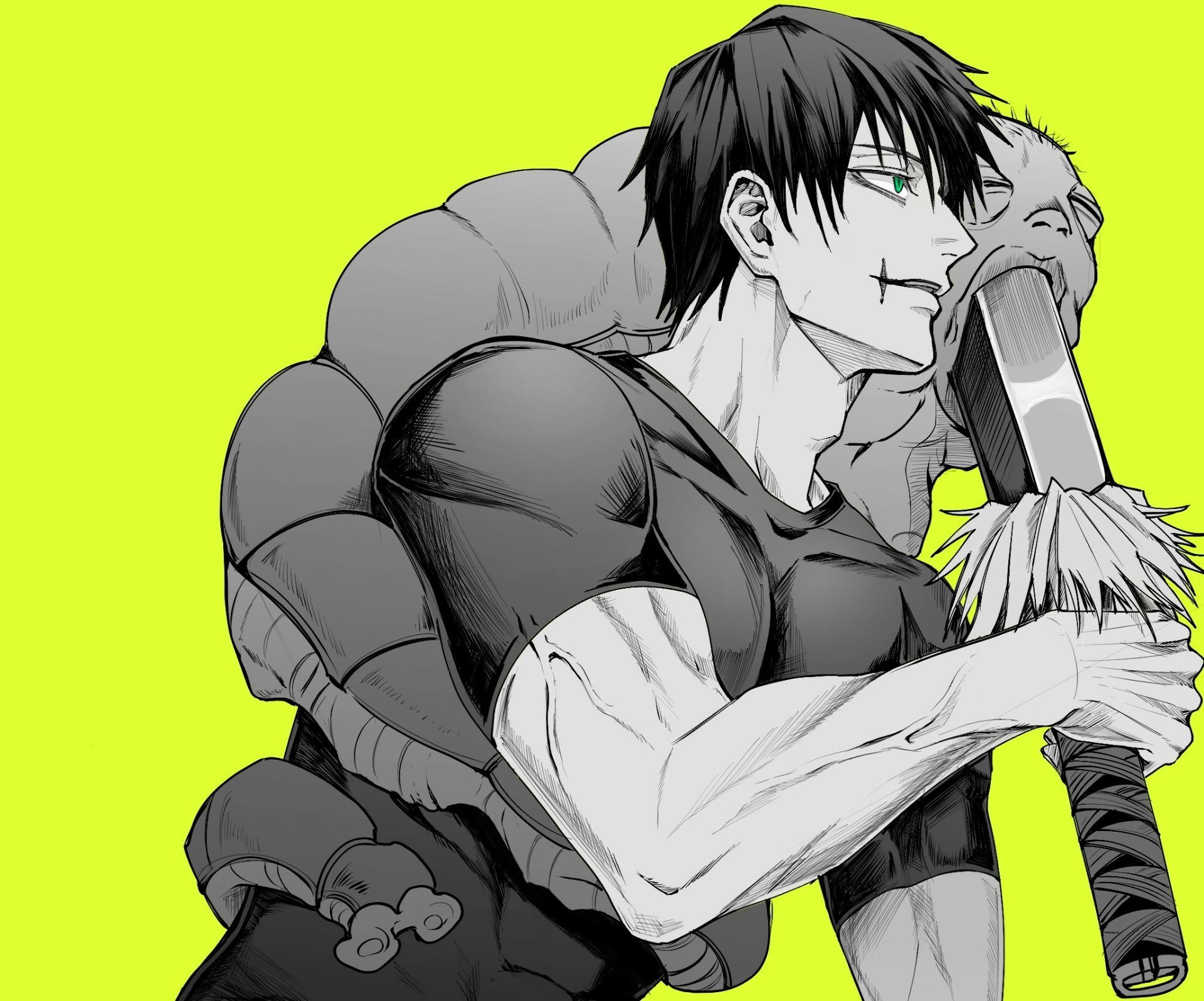 HD PC desktop wallpaper featuring Toji Fushiguro from Jujutsu Kaisen in a dynamic, monochrome style against a bright yellow background.
