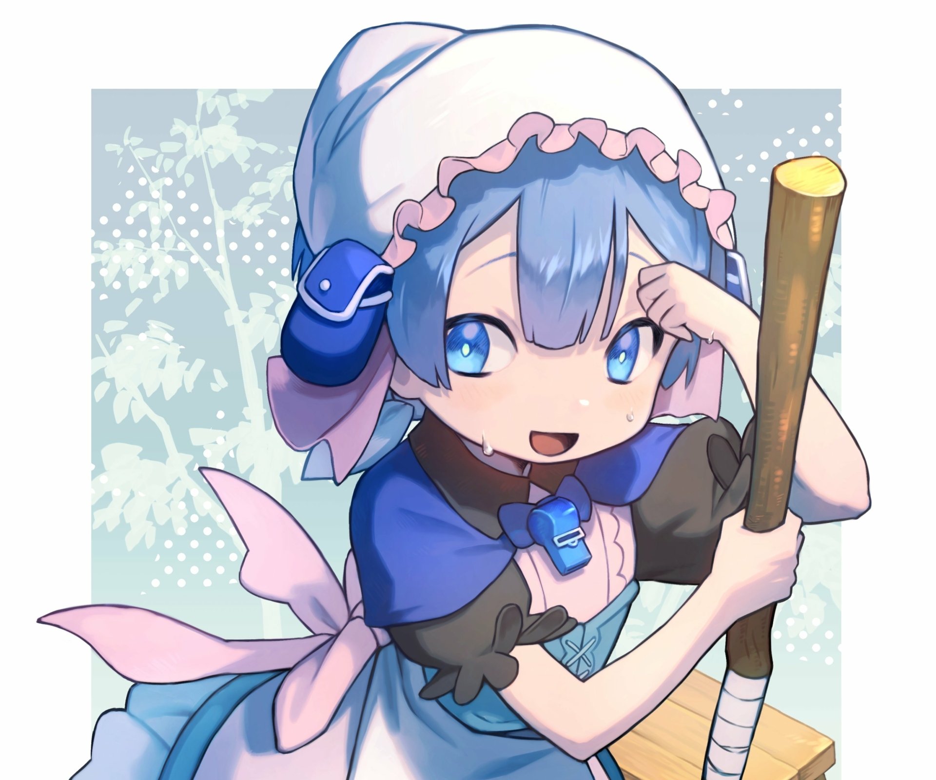 Chibi Maruruk from Made in Abyss grinning, blue eyes and bonnet, holding a wooden staff against a pale floral background — 2K Quad HD anime PC desktop wallpaper.