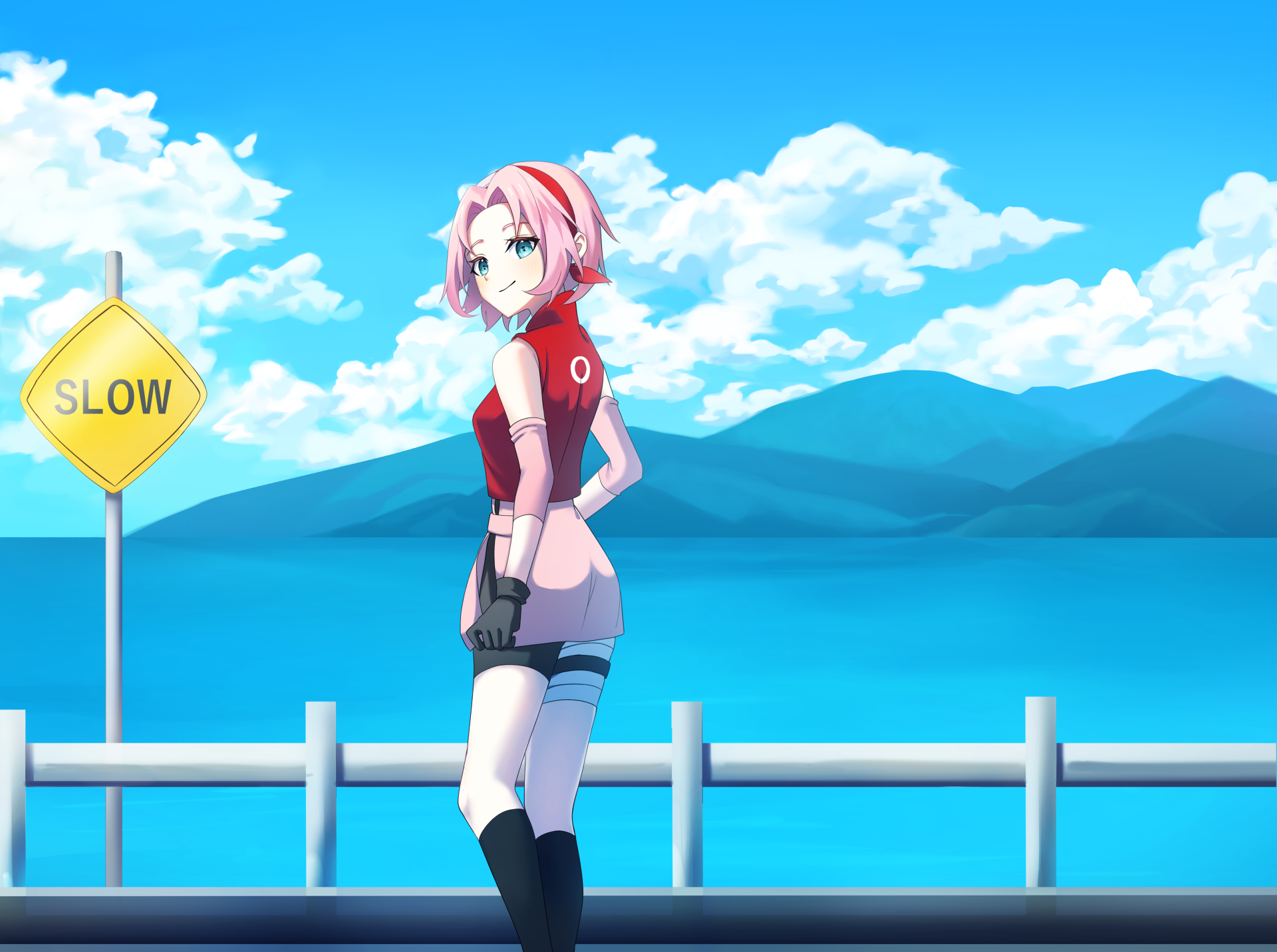 Sakura Haruno from Naruto stands by a lakeside railing under a bright blue sky in this vibrant 4K Ultra HD anime desktop wallpaper.