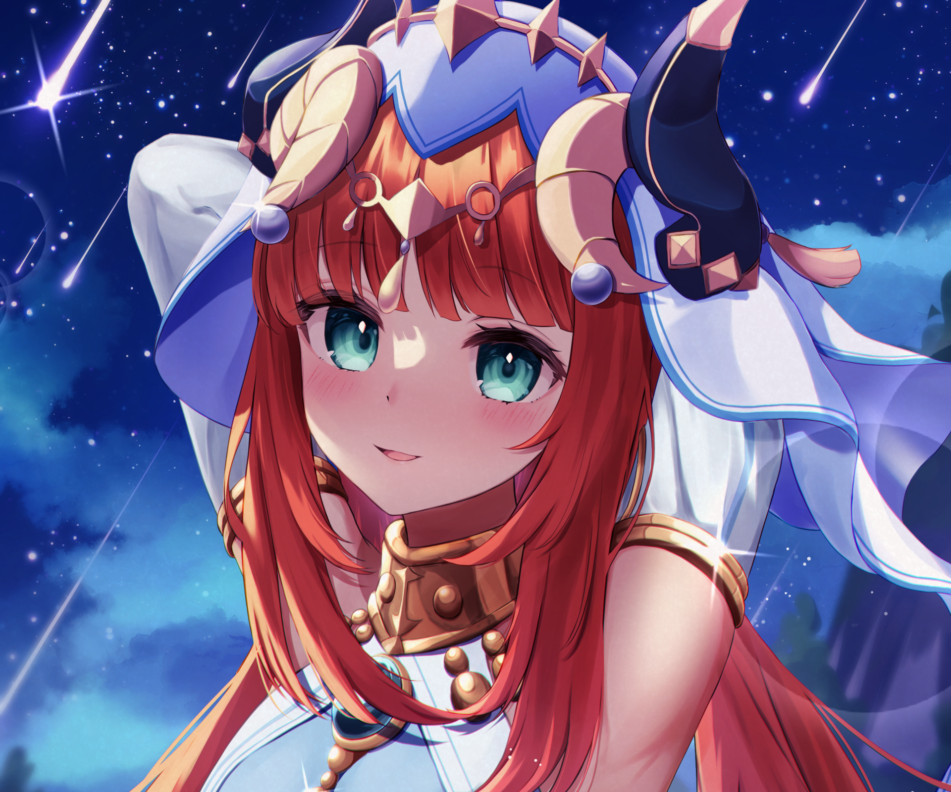 Nilou from the video game Genshin Impact, portrait with teal eyes and ornate headwear against a starry sky — vibrant 2K Quad HD PC desktop wallpaper/background.