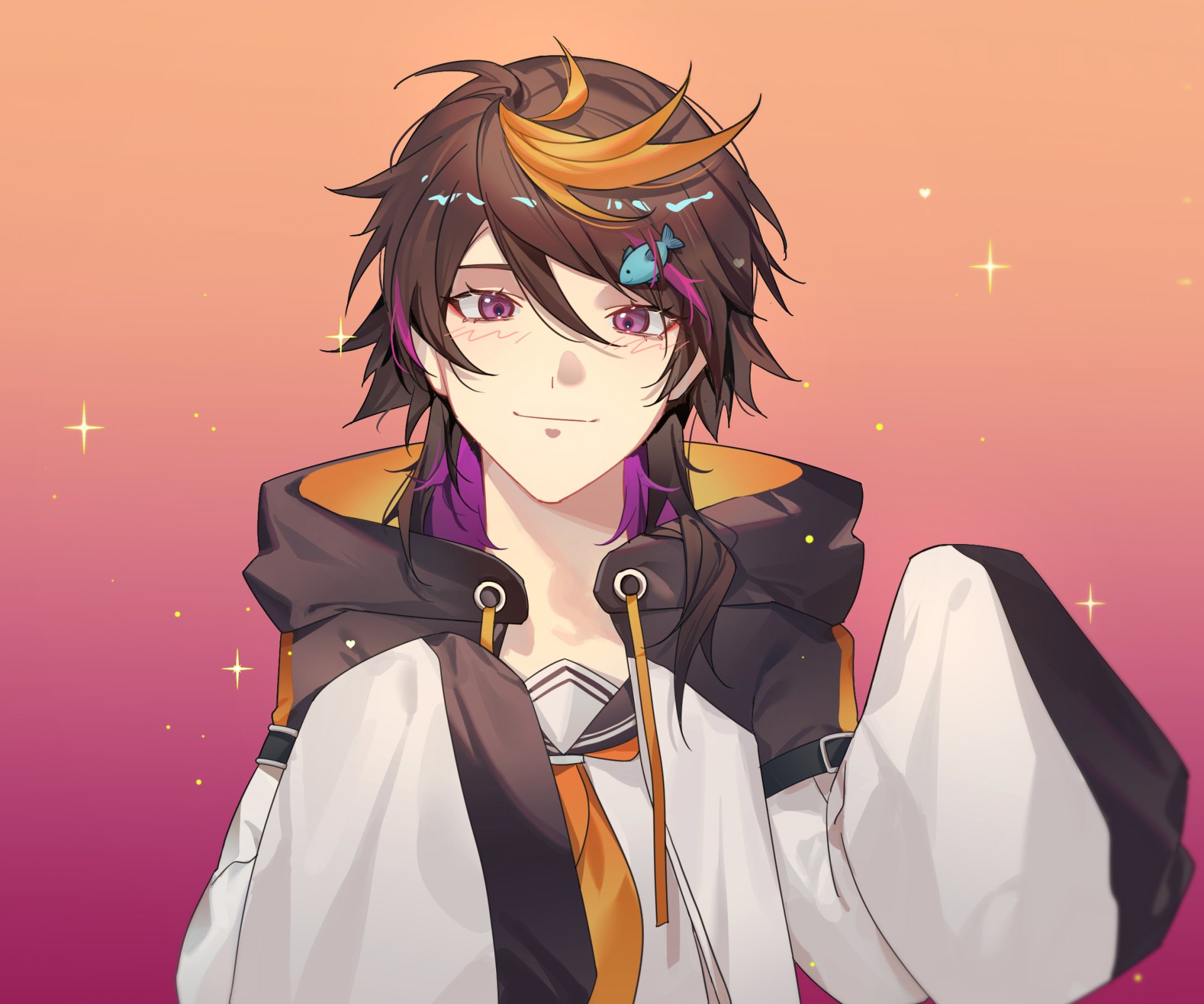 HD PC desktop wallpaper background: Luxiem's Shu Yamino, anime Virtual YouTuber, smiling in a hoodie against a warm gradient sky with sparkles.