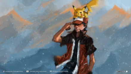 HD desktop wallpaper of Pokémon Red & Green, featuring a character with Pikachu on their hat against a mountain backdrop. Inspired by Pokémon Red and Blue, with an anime style.