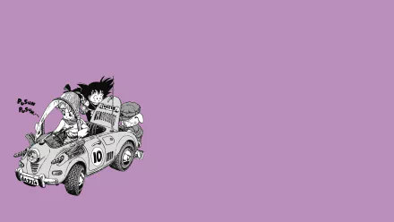 5K Ultra HD PC desktop wallpaper: monochrome sketch of Bulma, Goku and Oolong piled into a tiny race car on a solid purple background — Dragon Ball anime artwork.