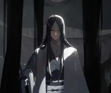 HD anime wallpaper of Unohana Retsu from Bleach, featuring her calm expression and long dark hair illuminated by soft light in a shadowed background.