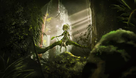 HD PC desktop wallpaper of Lesser Lord Kusanali, also known as Nahida from Genshin Impact, sitting on a branch in a sunlit, lush forest environment.