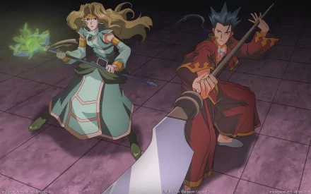 HD .hack//sign anime desktop wallpaper featuring two characters in dynamic battle poses, one wielding a large sword and the other casting a magical spell.