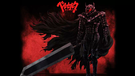 HD PC desktop wallpaper featuring an abstract, dark-themed Berserk character wielding a massive sword against a red and black background.