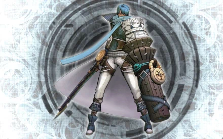 Ovan from .hack//Roots shown from behind with staff, bulky gauntlet and flowing blue scarf before a circular tech sigil — HD PC desktop wallpaper background