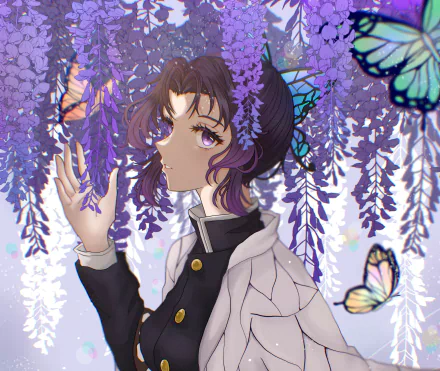 HD anime desktop wallpaper of Shinobu Kochou from Demon Slayer: Kimetsu no Yaiba, framed by hanging purple wisteria and butterflies as she reaches up with a serene expression.