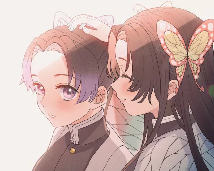 HD anime wallpaper featuring Shinobu Kocho and Kanae Kocho from Demon Slayer: Kimetsu no Yaiba in a close, gentle moment.