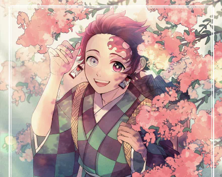 HD anime desktop wallpaper featuring Tanjiro Kamado from Demon Slayer: Kimetsu no Yaiba surrounded by pink cherry blossoms with a soft, vibrant color palette.