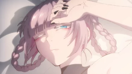HD anime wallpaper of Nazuna Nanakusa from Call of the Night, featuring a close-up with braided pink hair and a soft light casting shadows across her face.