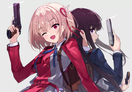 Takina Inoue and Chisato Nishikigi from the anime Lycoris Recoil pose back-to-back holding guns in this vibrant 4K Ultra HD PC desktop wallpaper.