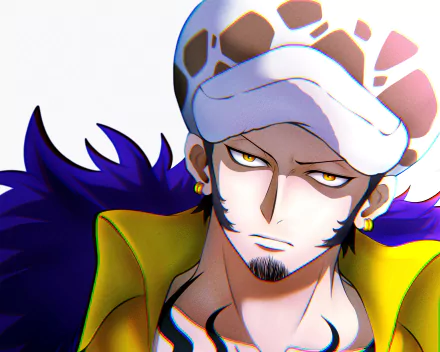 Close-up anime portrait of Trafalgar Law from One Piece, golden eyes, white spotted hat and purple fur collar — 4K Ultra HD PC desktop wallpaper background.