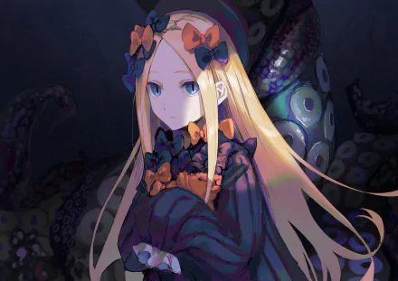 Abigail Williams (Foreigner, Fate/Grand Order) anime portrait: pale girl with long blonde hair and ribboned dress, shadowy tentacles behind her — 4K Ultra HD PC desktop wallpaper.