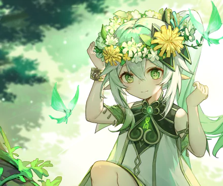 Nahida from Genshin Impact in a leafy floral outfit, smiling amid glowing green butterflies and dappled forest light — 2K Quad HD PC desktop wallpaper.