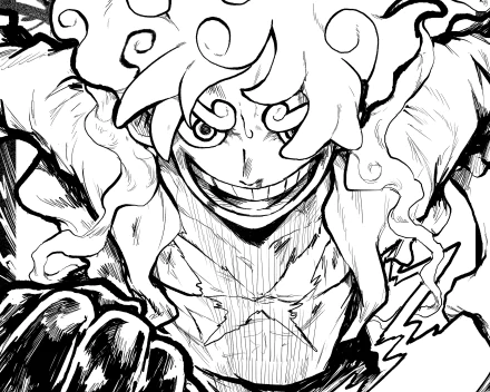 Black and white HD desktop wallpaper of Monkey D. Luffy in Gear 5 form from the anime One Piece, showcasing intense expression and dynamic energy lines.