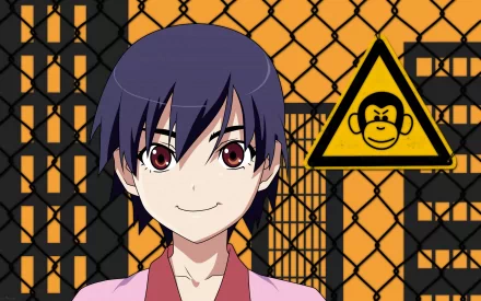 HD PC desktop wallpaper of Suruga Kanbaru from the Monogatari series: anime portrait against a chain-link fence and city skyline with a yellow monkey hazard sign.