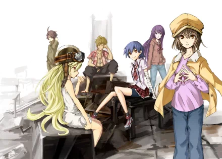 A vibrant HD desktop wallpaper featuring characters from the Monogatari series, including Nadeko Sengoku, Hitagi Senjōgahara, Suruga Kanbaru, Meme Oshino, Shinobu Oshino, and Koyomi Araragi.