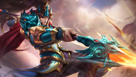 Mobile Legends: Bang Bang warrior in gold-and-teal armor hurling a flaming spear across a stormy sky — 2K Quad HD PC desktop wallpaper/background.
