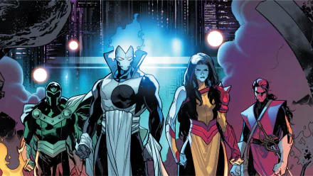 HD comic PC desktop wallpaper: X-Men lineup — Magneto, Rasputin IV, Xorn and Cardinal stride through a neon-lit futuristic cityscape.