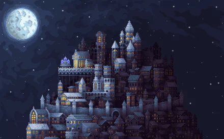 A detailed pixel art castle under a moonlit sky, showcasing tall towers and intricate architecture, designed as an HD PC desktop wallpaper and background.