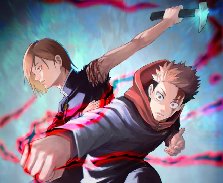 HD anime wallpaper featuring Yuji Itadori and Nobara Kugisaki from Jujutsu Kaisen in dynamic battle poses with vibrant energy effects.