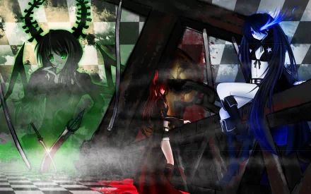HD PC desktop wallpaper of the Black Rock Shooter anime: Black Gold Saw and Dead Master confront a blue‑eyed Black Rock Shooter perched on scorched wreckage amid smoke and red reflections.