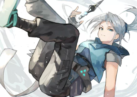 4K Ultra HD PC wallpaper featuring Jett, a character from the video game Valorant, in dynamic pose with her signature outfit and wind-themed abilities.